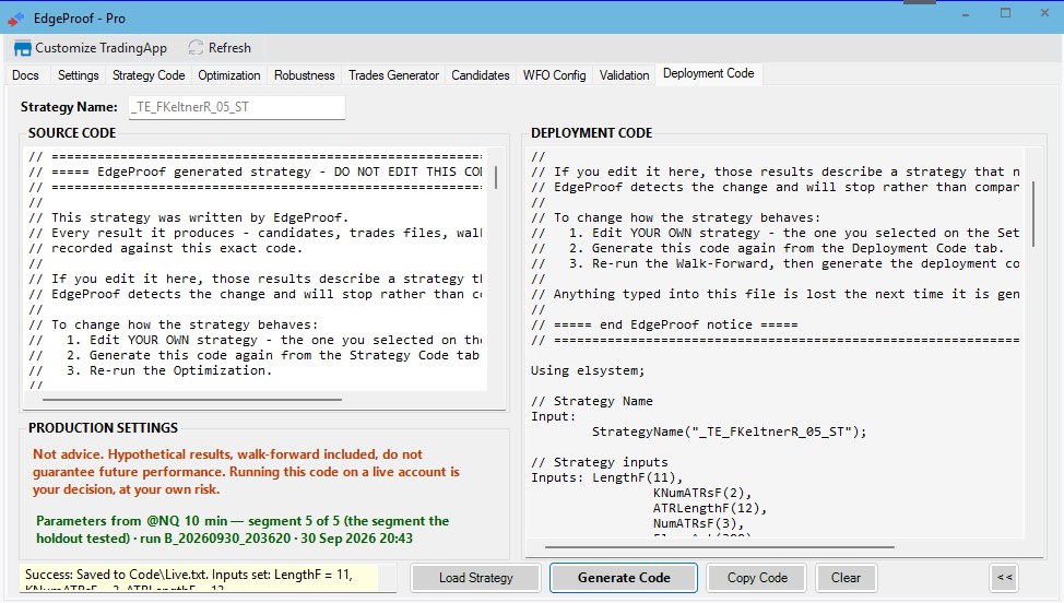 Deployment Code tab showing source EasyLanguage beside the generated deployment code.