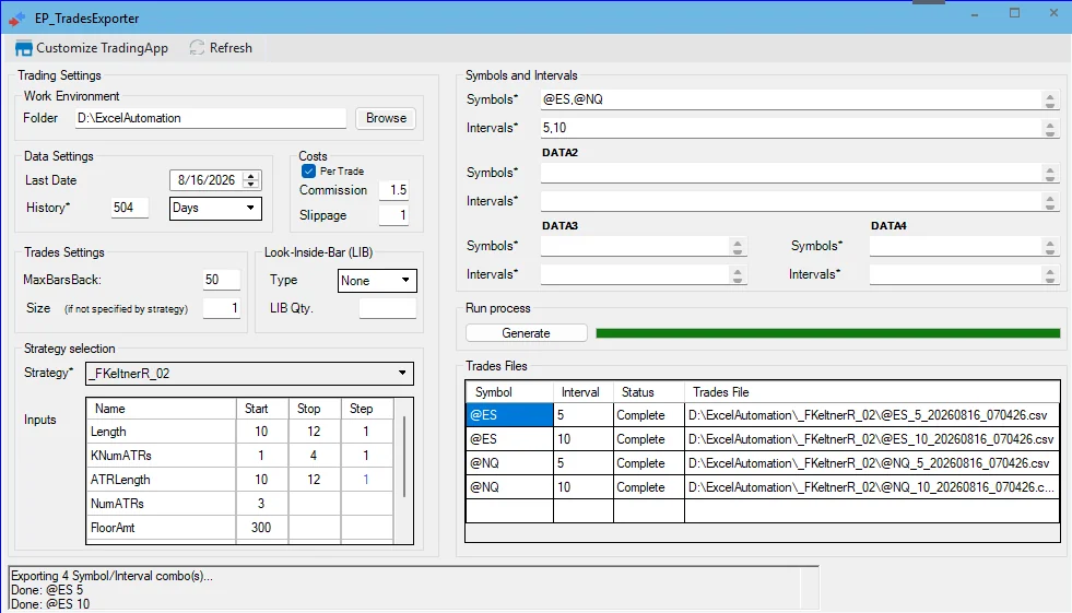 EP_TradesExporter running inside TradeStation