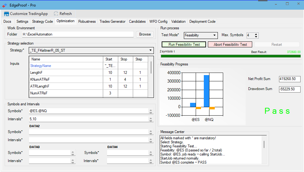 Optimization feasibility test running across three futures symbols.