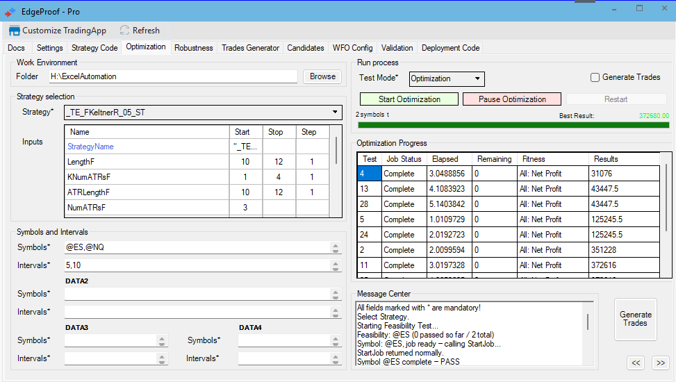 Optimization progress across symbols, intervals and parameter combinations.
