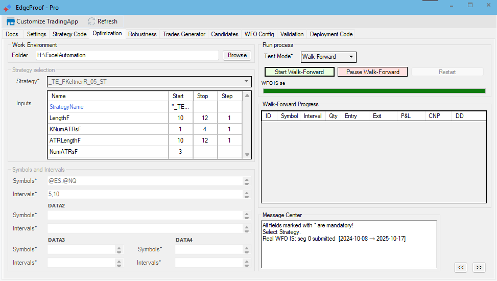 Optimization Walk-Forward running the selected walk-forward plan across its segments.