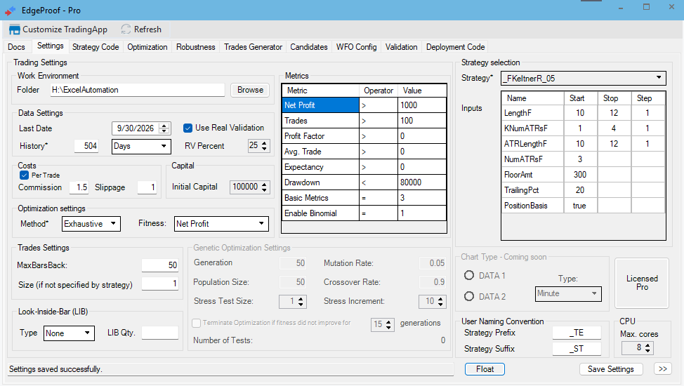 WalkStrat Settings tab with work environment, validation holdout, costs, capital, metric gates and strategy inputs.