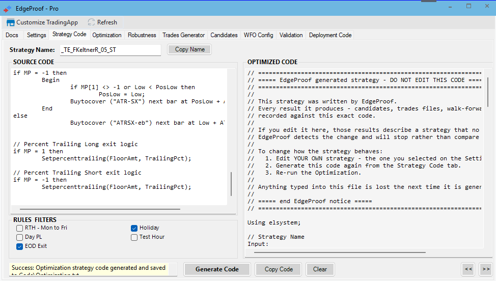 Strategy Code tab showing source EasyLanguage beside the optimization code generated by WalkStrat.