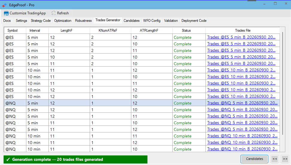 Trades Generator — batch runs across @ES and @NQ on multiple intervals and parameter sets.