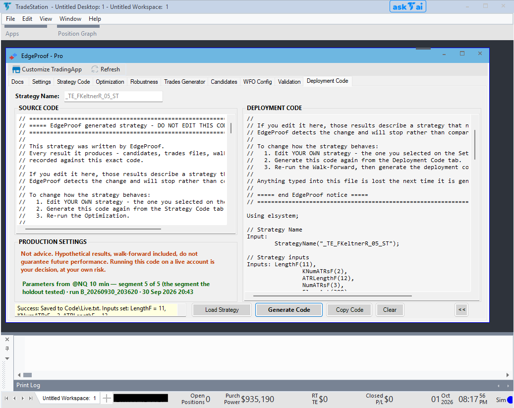 WalkStrat running as a TradingApp inside TradeStation Desktop.